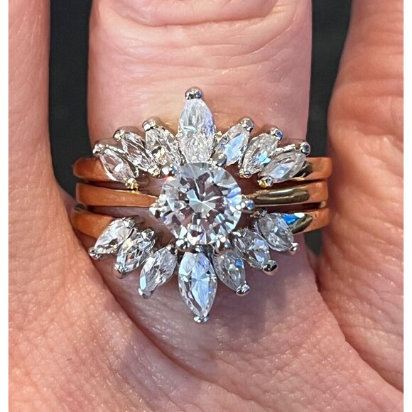 Vintage Wedding Ring Set  Size 9 Cubic Zirconia 14K Gold Plate Mid-Century 14F - Picture 9 of 12